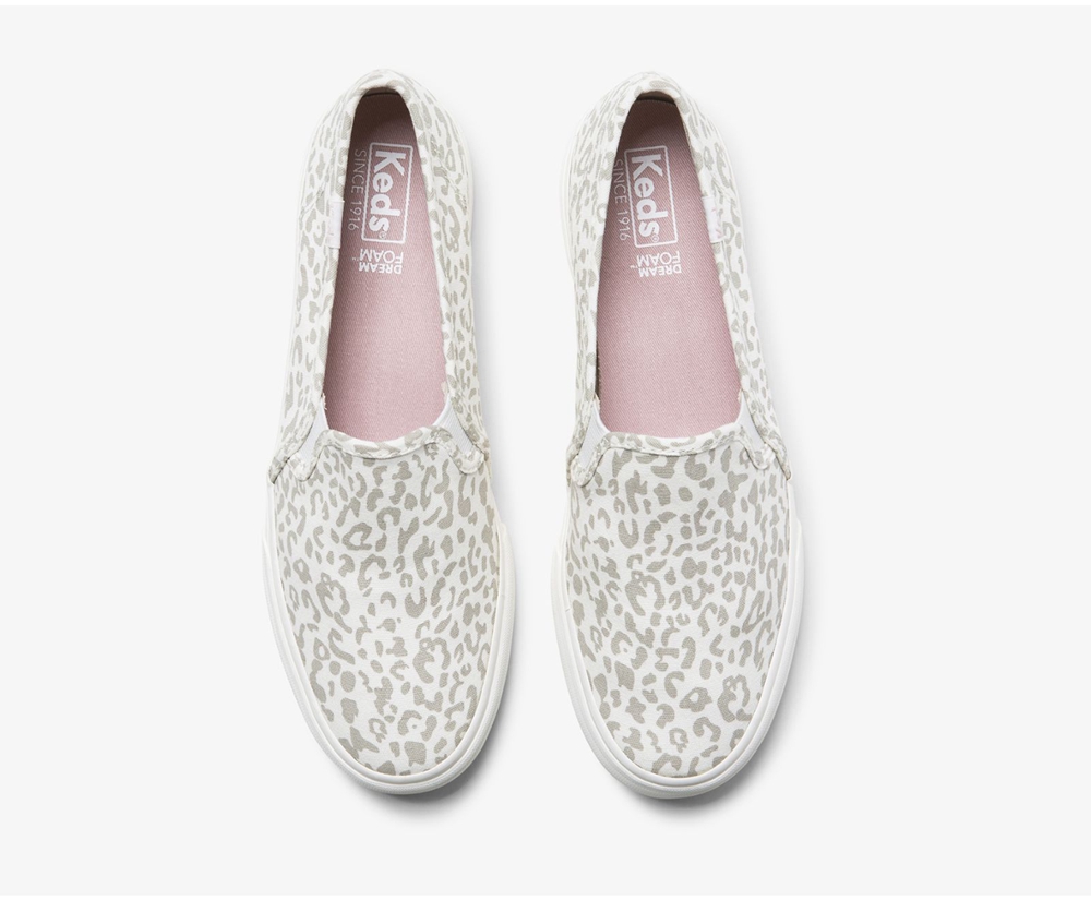 Womens Keds Slip Ons - Double Decker Animal - White - 0823-HTUSN